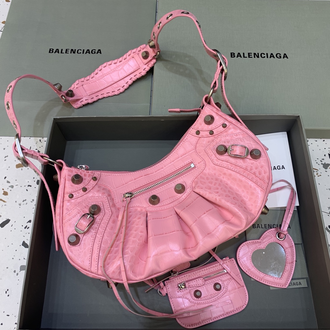 Balenciaga Le Cagole Small Shoulder Bag Crocodile Embossed Pink